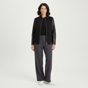 St. John Black Wool Blend Lightweight Jacket With Leather Sleeves